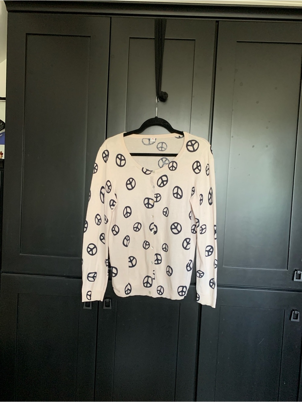 Cream Peace Sign Button-Front Women's Cardigan.